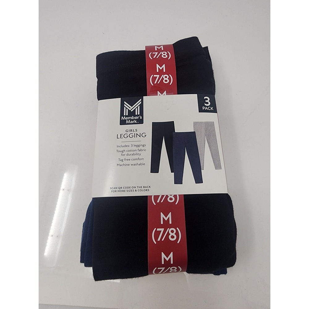 Member's Mark Girls 3‎ Pack Leggings Black Navy Grey Cotton Blend Casual Size M